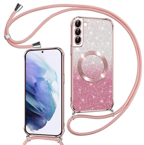 Phoona Hülle für Samsung Galaxy S21 mit Band, Rosa | [Kompatibel mit MagSafe] Luxuriöse Glitzer Beschichtung Magnetische Handyhülle zum Umhängen Kordel Silikon Stoßfest