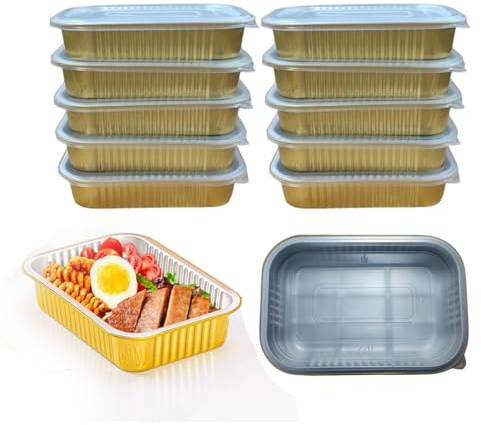 SuiXinCook Aluminum Foil Pans with lids 10pack Heavy Duty 2LB Small foil pan 8.5×6 Disposable, For Microwave & Oven Safe Cooking,Baking,A takeaway food container,Gold