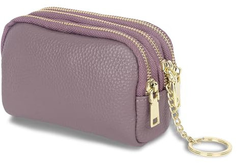 Reißverschluss Münze Geldbörse Lila Echtes Leder Damen Geldbörse Portable Mini Portemonnaie DREI Reißverschlüsse Kleine Brieftasche für Münze Bargeld mit vielen Fächern