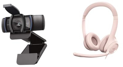 Logitech C920S HD Pro Webcam, Full HD 1080p/30fps Video Calling, Clear Stereo Audio & H390 Wired Headset for PC/Laptop, Stereo Headphones with Noise Cancelling Microphone, Rose