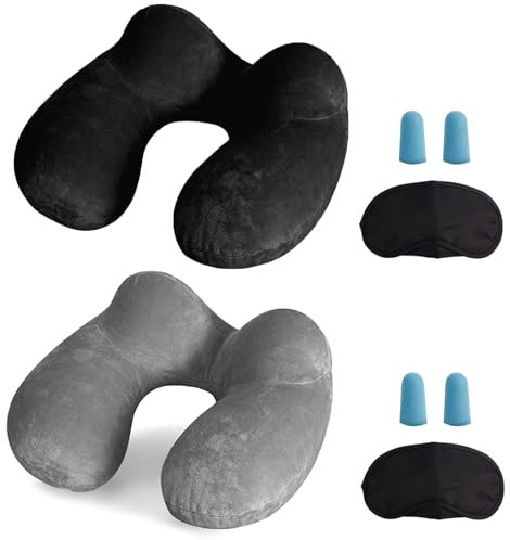 MOCOCITO 2-Set Reisekissen Aufblasbares/Nackenkissen Ergonomisch Aufblasbare Hergestellt waschbarem Kissenbezug Nackenhörnchen ideal für Reisen mit dem Auto, Flugzeug, Zug, Büro(Schwarz+Grau)