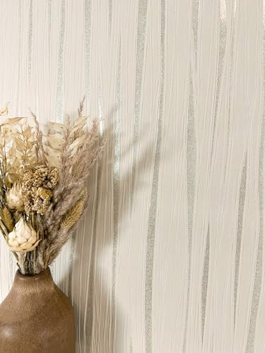 Newroom Tapete Creme Vliestapete Linien - Streifentapete Streifen Silber Wellen Glitzer Glitzertapete Glamour Geschwungene Linien Klassisch inkl. Tapezier-Ratgeber