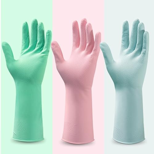 PATILWON 3-Pair Rubber Gloves for Washing Up, Household Cleaning, Kitchen - Reusable, Non-Slip, Wear-Resistant, Elastic Thickened (3 Colors, Medium)