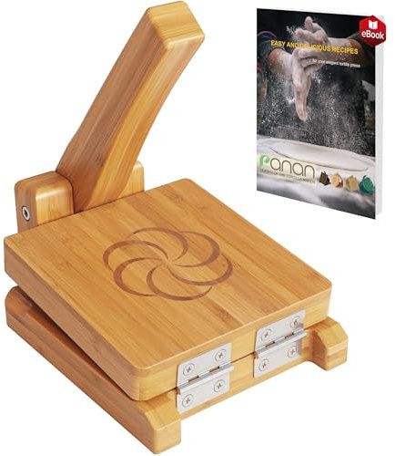 panan Tortilla-Presse aus Holz, mexikanische Tortillera-Presser aus natürlichem, lebensmittelechtem Bambus, kleine Holz-Pataconera mit Rezepten, eBook (quadratisch, 15,2 cm)