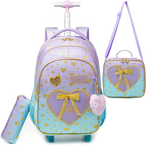 HTgroce Schulranzen mit Rollen für Mädchen, Kinderrucksack mit Rollen Trolley Schulrucksack für Mädchen,Schultrolley Rucksäcke Kinder Schulrucksack Schultasche mit Rollen
