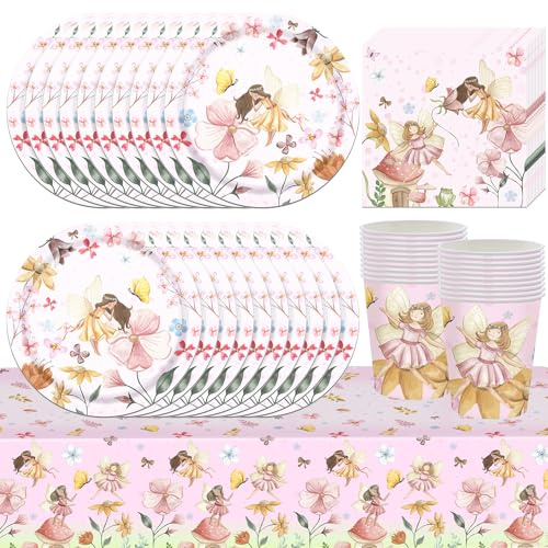 61pcs Elf & Fairy Birthday Party Tableware - Tea Party Supplies, Includes Plates, Cups, Napkins & Tablecloth (20 Guests)