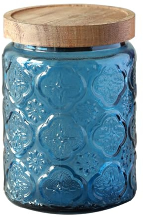 Jarsense Glass Jar 700ml Glass Sealed Jar with Wooden Lid Household Food Grade Storage Jar Coffee Bean Tea Leaf Jar Storage Jar Begonia Pattern (Blue)