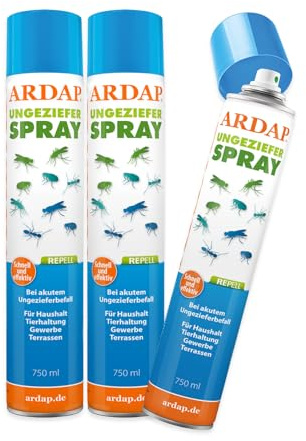 ARDAP Repell Ungezieferspray 3 x 750ml - Insektenspray bei akutem Ungezieferbefall - Abwehrend bei Insektenbefall - Insektenspray Wohnung - Wirkt schnell & effektiv (PT19)