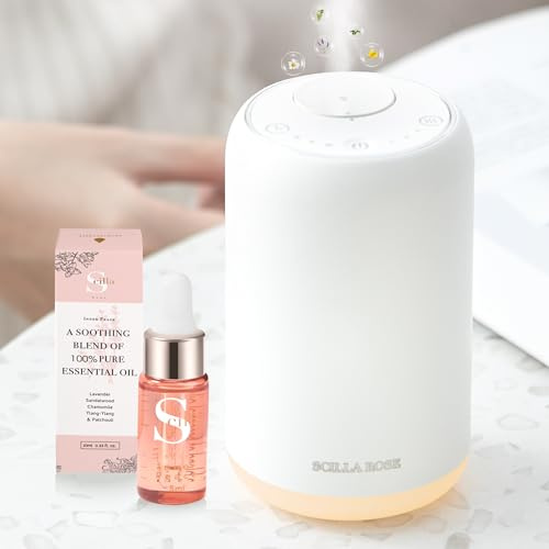 Scilla Rose Waterless Aromatherapy Diffuser – Portable & Rechargeable Essential Oil Nebulizer with Cool Mist & Soothing Night Light for Home, Office, Car Air Freshner (WITH ESSENTAL OIL)