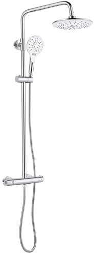 Duscharmatur mit Thermostat, Rund Duschsystem Komplettset mit Regendusche 20x20cm, 3 Strahlarten Duschkopf, 43''-57'' Verstellbar Duschstange, Chrom