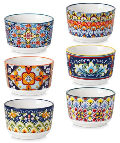 vancasso SIMI Moldes para Soufflé, 6 x 120ml Ramequines de Gres, Moldes para Tartas, Mini Cuencos para Postre, Aperitivos, Apto para Lavavajillas, Microondas y Horno, Ø 8 cm, Estilo Bohemio