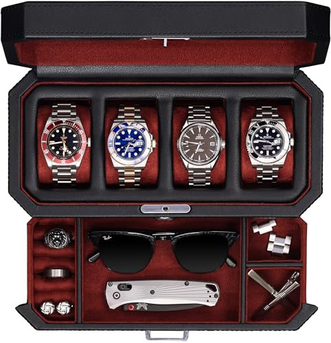 ROTHWELL Scatola per orologi in pelle con 4 scomparti e cassetto per riporre gioielli, custodia di lusso con chiusura a chiave, con parte superiore in vero vetro, organizer per orologi per uomini e