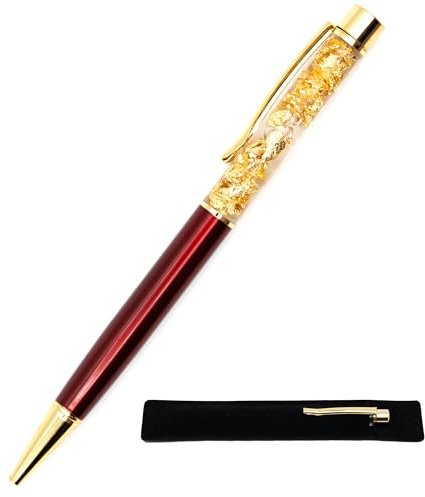 StarMaker Kugelschreiber mit tiefem Blattgold, mit Samtetui, originelles und schickes Geschenk, echtes schwebendes Blattgold, schwarze Tinte, einziehbarer Kugelschreiber