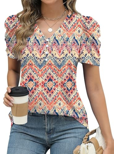 EFFAN Summer Tops for Women's Casual Puff Sleeve V Neck Short Sleeve Tunic Blouses Loose Fit Floral Print(Boho Print,M)