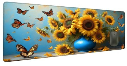 Mauspad XXL 1200x600mm Blume Mousepad Groß Schreibtischunterlage Schmetterling, Gaming Mauspad Gadgets Schreibtisch Zubehör, Wasserdicht Mouse Pad rutschfeste Vernähte Kanten Verbessert Präzision B-9