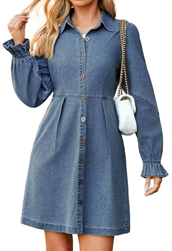 Simplee Denim Dress for Women Blue Jean Dresses 2025 Mini Fall A Line Cocktail Country Concert Western Outfit with Pockets(Denim Blue L)