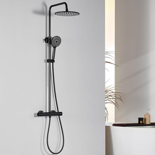 Auralum Thermostatic Shower Mixer Set with 10 Round Overhead Rainfall Shower Head & Extra Long Adjustable Riser Rail Kit (Fits Old Holes), 3 Modes Handheld Shower, Anti-Kink Hose Easy Installation