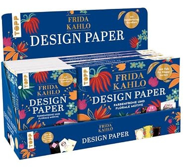 Design Paper Frida Kahlo Display, 2 x 5 Ex.: DIN A5 und DIN A6. 2 x 5 Ex. im Display. Je Block 75 feste Motivpapiere in 25 Designs (220 g/m²), 16 Seiten Handlettering-Grundkurs, Softcover.