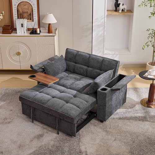 Divano letto 3 in 1, con schienale regolabile, porta USB, divano lounge a 2 posti, pieghevole, dotato di tavolo nascosto, portabevande 140,5 x 74 x 82 cm (grigio)