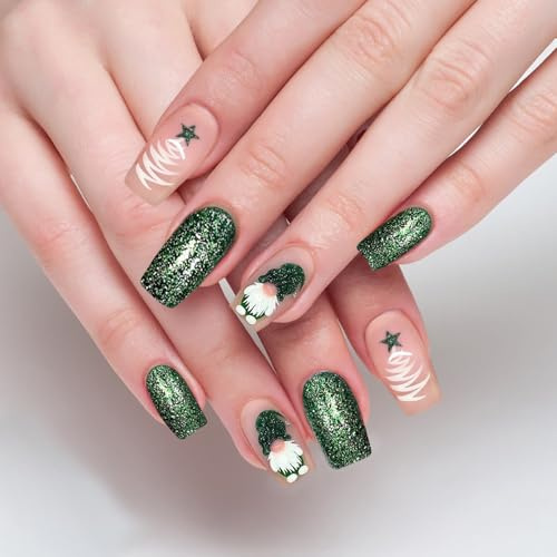 Weihnachten Press on Nails, 24 PCS Weihnachts Nägel Set, Weihnachtsnägel Zum Aufkleben, mit Nagelkleber, Weihnachts Kunstnägel, Weihnachten Fake Nails für Frauen Nail Art DIY (E)
