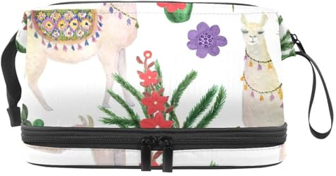 VAPOKF Tribe Llamas and Cacti Flowers Watercolor Painting Cosmetic Bag for Women and Girls, Travel Toiletry Bag Makeup Handy Pouch Organizer Bag with Brush Compartment