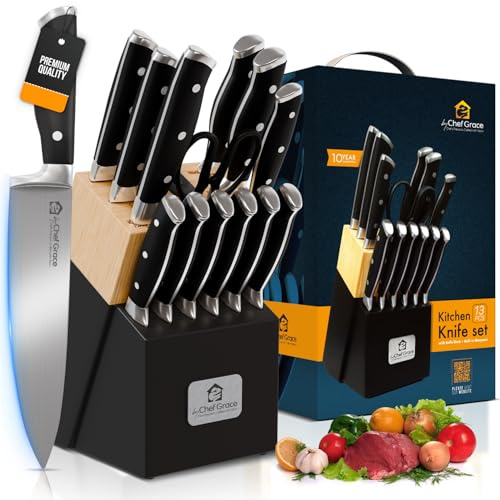 Chef Grace 13pc Kitchen Knife Set with Wooden Block + Built in Sharpener. German Stainless Steel, Triple-Rivets, Ergonomic. Includes Chef, Bread, Carving, Utility, Steak & Paring Knives + Scissors