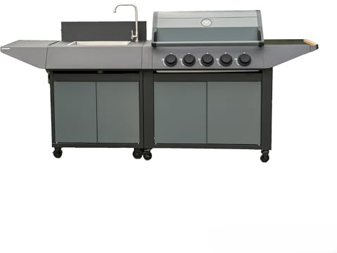 Cook'in Garden - Cucina Esterna Gas BURN, Barbecue con Lavello integrato, 5 bruciatori in acciaio inox, Rubinetto con Uscita Acqua, Funziona a Butano o propano