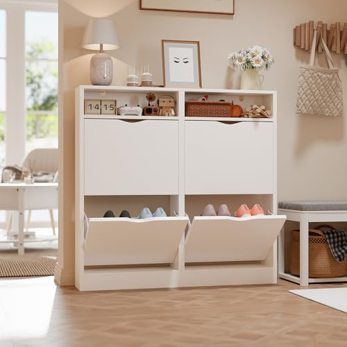 ELUCHANG Schuhschrank schmal mit 4 Klappen Platzsparender, Schuhkipper Schuhkommode, Geschlossen Schuhregal mit 4 Ablagen, Shoe Cabinet Flurschrank für Diele/Flur/Garderobe, Weiß