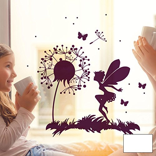 Fensterbild Wandtattoo Pusteblume Fee Schmetterlinge & Punkte Fensteraufkleber Fenstersticker M2093 - ausgewählte Farbe: *weiß* ausgewählte Größe: *M - 32cm breit x 32cm hoch*