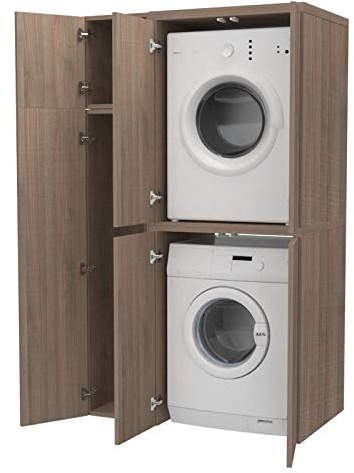 VE.CA.s.r.l. Armario Alto + Compartimento para Accesorios con Puertas para Lavadora/Secadora de Madera, Personalizado, lavadero, Cuarto de baño (Nogal)