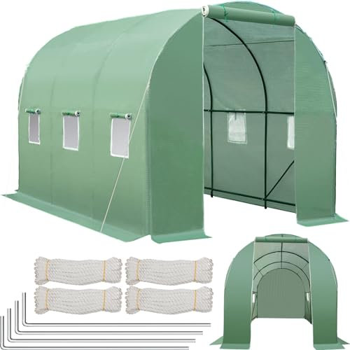 tectake® Invernadero Exterior Tipo Túnel y 6 Ventanas, Cubierta de PE contra UVA y Antiescarcha, Invernadero Terraza 343x200x200cm, Caseta Jardin Exterior con Mosquitera, Cuerdas Tensoras y Piquetas
