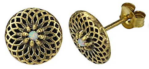 CHICNET Damen Ohrstecker Ohrringe Ohrschmuck aus Messing und Stein Kristall, Dahlie Blume 10mm, antik Gold oxidiert, Opal Onyx Türkis Glitzer Aqua lila, Vintage Handmade Retro Opal weiß