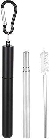 Pailles réutilisables en acier inoxydable paille pliable pailles à boire portables avec étui en métal brosse de nettoyage de paille et porte-clés pour voyage Camping Party noir ou rose(Noir)