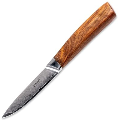 pasoli Damast Gemüsemesser inkl. Klingenschutz | 67-lagiger VG-10 Damaszener-Stahl | scharfe 9 cm Klinge | edler Holzgriff | ideales Kochmesser (Paring)