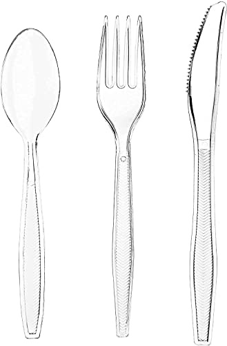 Clear Reusable Cutlery Set of Includes 100 Forks, 100 Spoons and Knives -Reusable Clear Cutlery for Tableware, Parties and Dinnerware, 300 Pieces