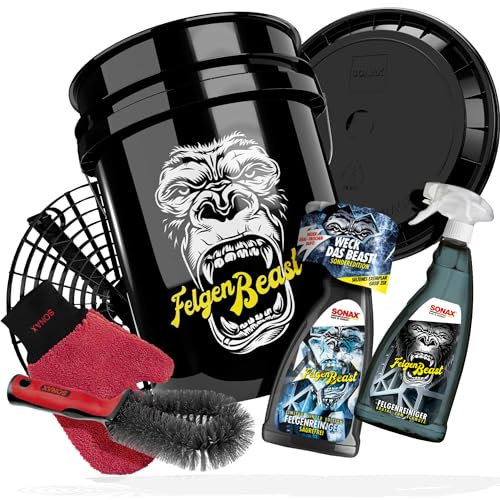 SONAX Auto Felgenreinigung Bundle | Auto Reinigungsset - Wascheimer Felgenbeast mit Deckel + Grit Guard Eimereinsatz | SONAX 2X Felgenreiniger 1L + Felgenbürste + Waschhandschuh