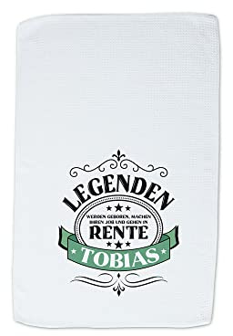 GRAZDesign Rentenbeginn Geschenk Personalisiertes Geschirrtuch 40x60cm aus Waffelgewebe - mit Aufdruck - Wunschname - Weiß Mit Motiv Rente
