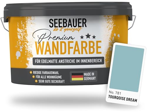 SEEBAUER diy Wandfarbe Türkis 10L für Innen (No. 781 Tourqoise Dream) Edelmatte Innenfarbe Blau Grün - Grüntöne sehr hohe Deckkraft - Matt, Abwaschbar und Tropffrei