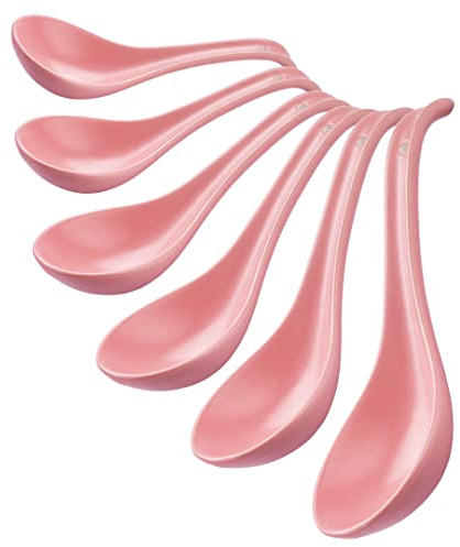 CHILDIKE Porcelain Soup Spoons Set of 6, Ceramic Chinese Soup Spoons, 6.6 Inch, Asian, Pink