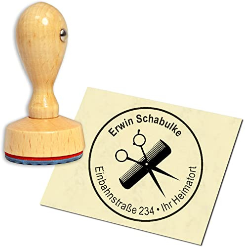 Stempel Adressstempel Holzstempel - Friseur Schere und Kamm - rund ∅ 40mm personalisiert als Firmenstempel Namensstempel Bürostempel
