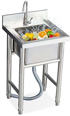 WEAFIEO Küchenspüle Komplettset Edelstahl, 60 X 60 X 80cm Camping Spülbecken, mit Backsplash Abfluss Sieb Spültisch Standwaschbecken Waschtrog