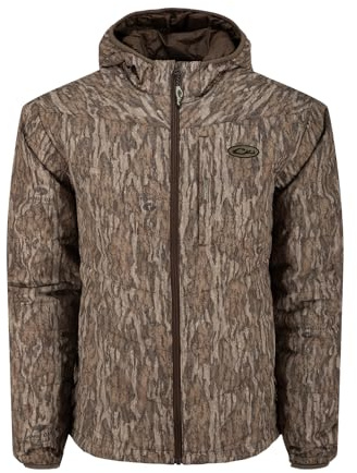 Drake Waterfowl Men's MST Synthetic Down Durable Water-Repellent Insulated Adjustable Resistant Outdoor Hunting Hooded Jacket, Mossy Oak Bottomland, Medium
