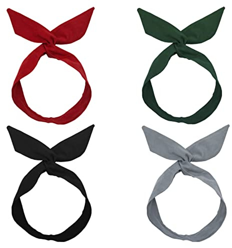 4 cerchietti per capelli con fiocco vintage, da donna, stile retrò, con filo, tinta unita, pieghevoli