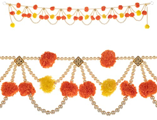 Artificial Marigold Fluffy Flowers Garlands Door Toran Set Decorative Door Hanging Bandanwar for Home Festival Indian Wedding Entrance Decorations (Yellow& Orange) with Moti (Size:-38 X 6)