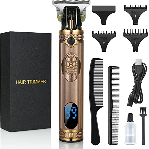 URAQT Tondeuse Cheveux Hommes, Tondeuse Barbe Electriques Professionnelle Sans Fil Tondeuse à Cheveux T-Blade Rasoir Kit Recharge Tondeuse avec écran LED Rechargeable USB, 3 Peignes de Guidage(Or)