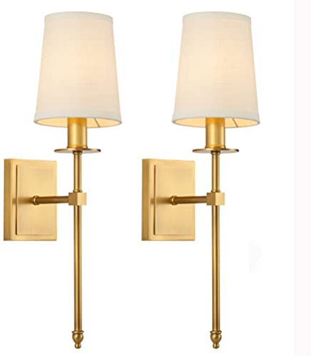 OOWOKS 2 Stücke Vintage Wandleuchte in Gold E27 Innen Wandlampe Flur Deko Industrial Lampe Retro Spiegelleuchte Bad Wandbeleuchtung Weißem Stoffschirm für Wohnzimmer Schlafzimmer Treppe
