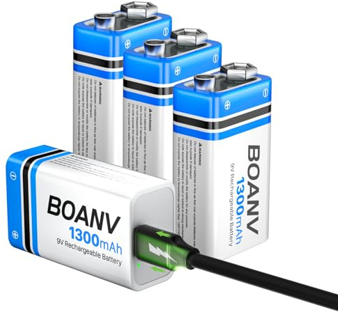 BOANV 4PCS 1300mAh 9V Rechargeable Batteries, 9V Rechargeable USB Lithium Long Lasting Battery, with 2 in 1 Charging Cable, for Smoke Detectors, Alarms, Keypad, Microphone