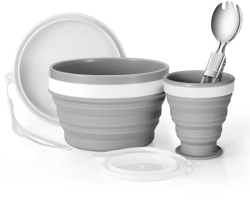 Odoland Foldable Cup, Bowl and Stainless Steel Spoon, Microwave Oven Available Food Grade Silicone for Mess Kit Outdoor Camping Hiking and Picnic