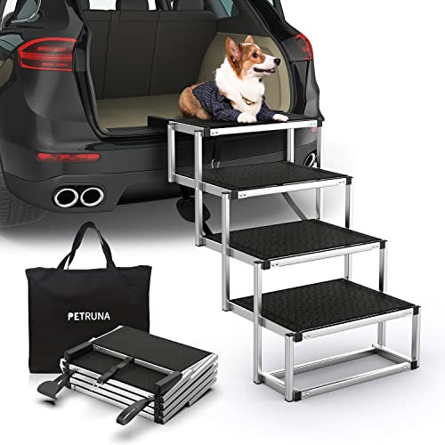 PetRuna Hunderampe für große Hunde, tragbare Aluminium-Leiterrampe mit rutschfester Oberfläche, leichte Hundetreppe für Autos, SUV, Hochbetten & LKWs, unterstützt bis zu 68 kg, 4 Stufen