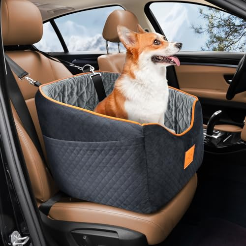 XIEEAOZEE Dog Car Seat for Small Dogs, Memory Foam Booster Dog Seat for Dogs up to 35 lbs, Elevated Pet Car Seat with Washable Removable Cover, Storage Pockets(Black/Gray)
